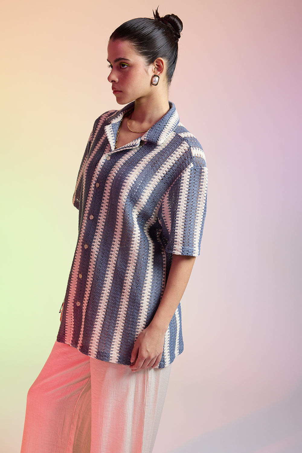 Textured Crochet Women's Shirt - Blue/White Bands