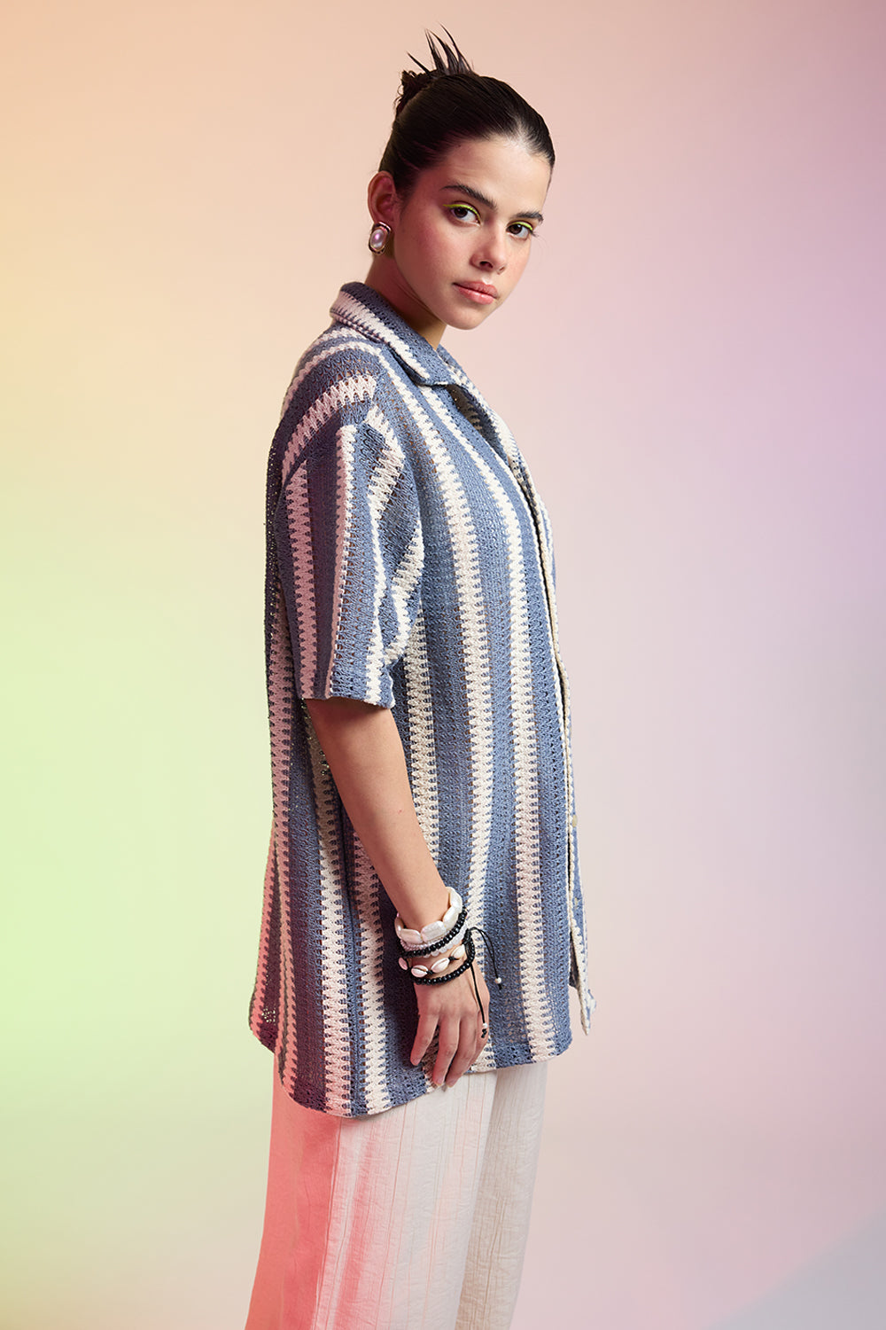 Textured Crochet Women's Shirt - Blue/White Bands
