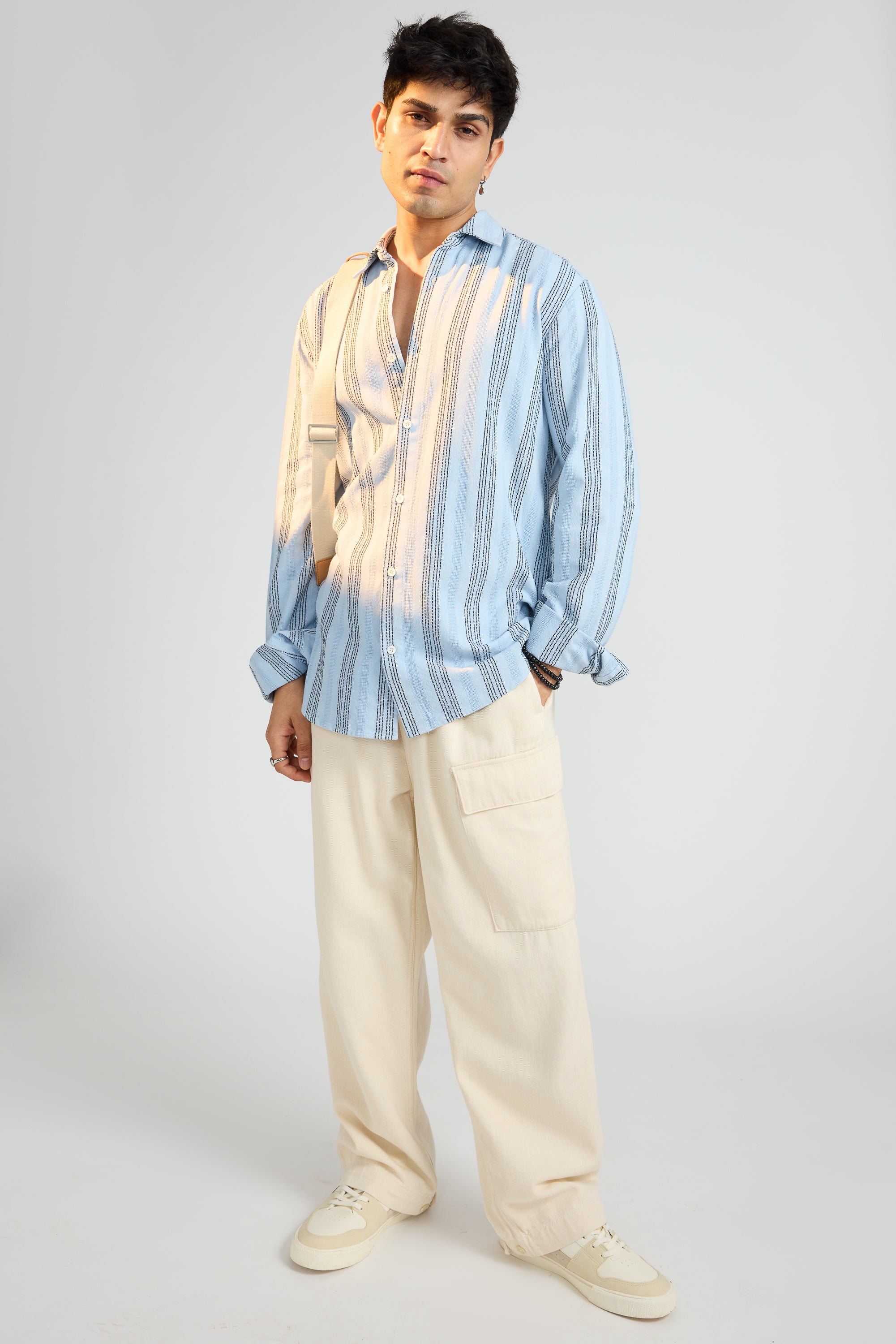 Textured Knit Men's Full Sleeves Shirt-Blue/White Stripes