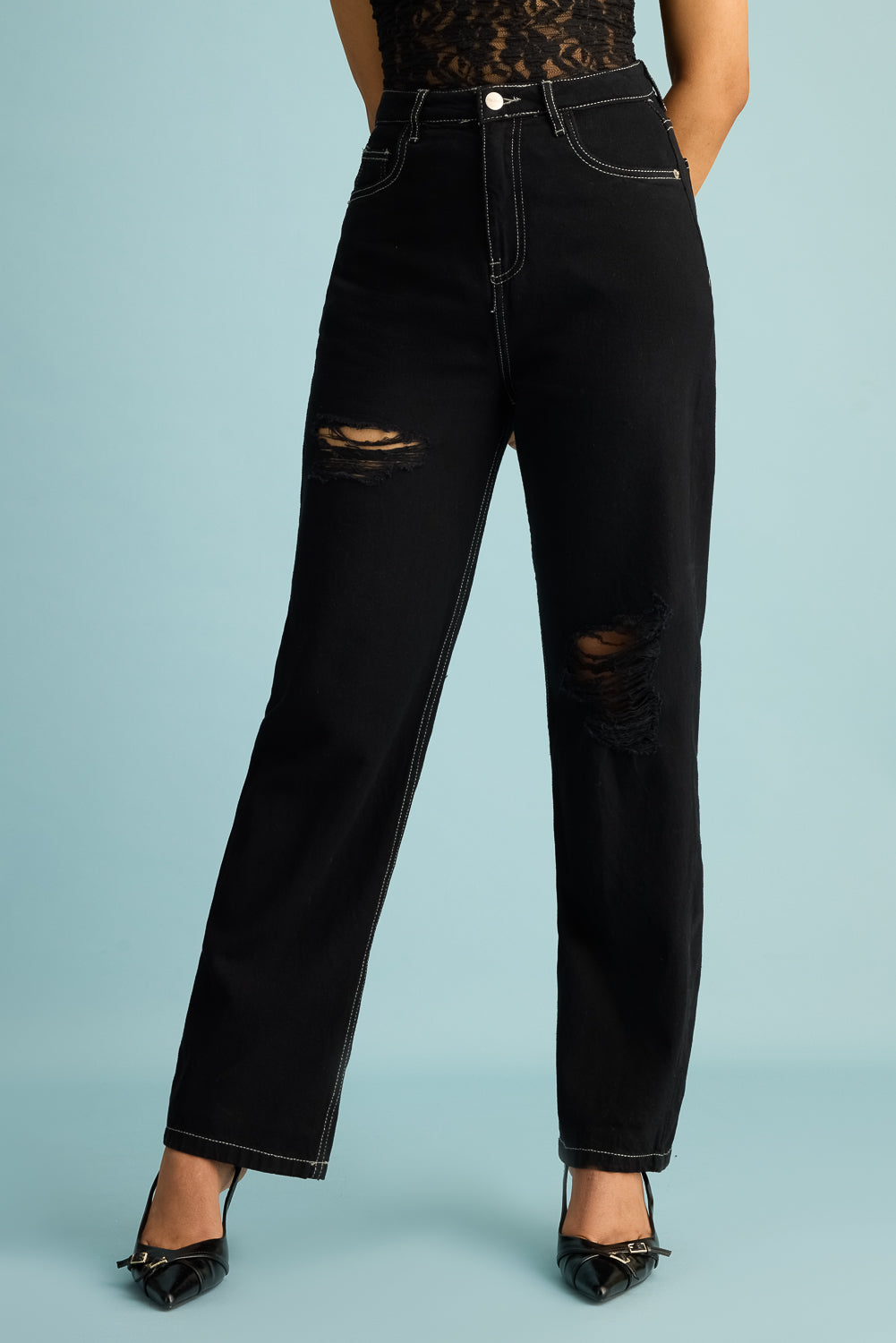 Ebony Distress Women's Straight Jeans