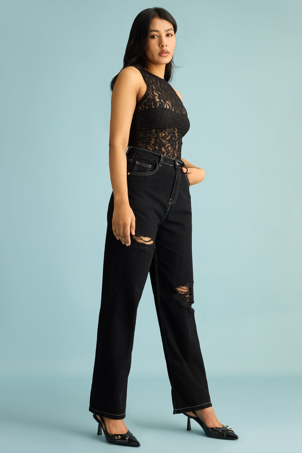 Ebony Distress Women's Straight Jeans