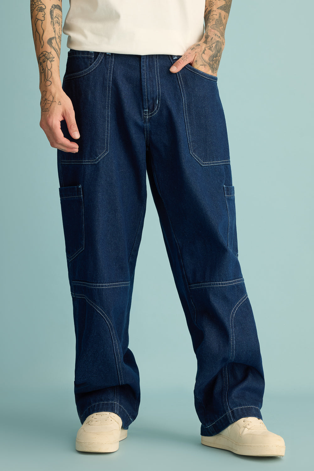 Ocean Contrast Seam Men's Baggy Straight Cargo Jeans