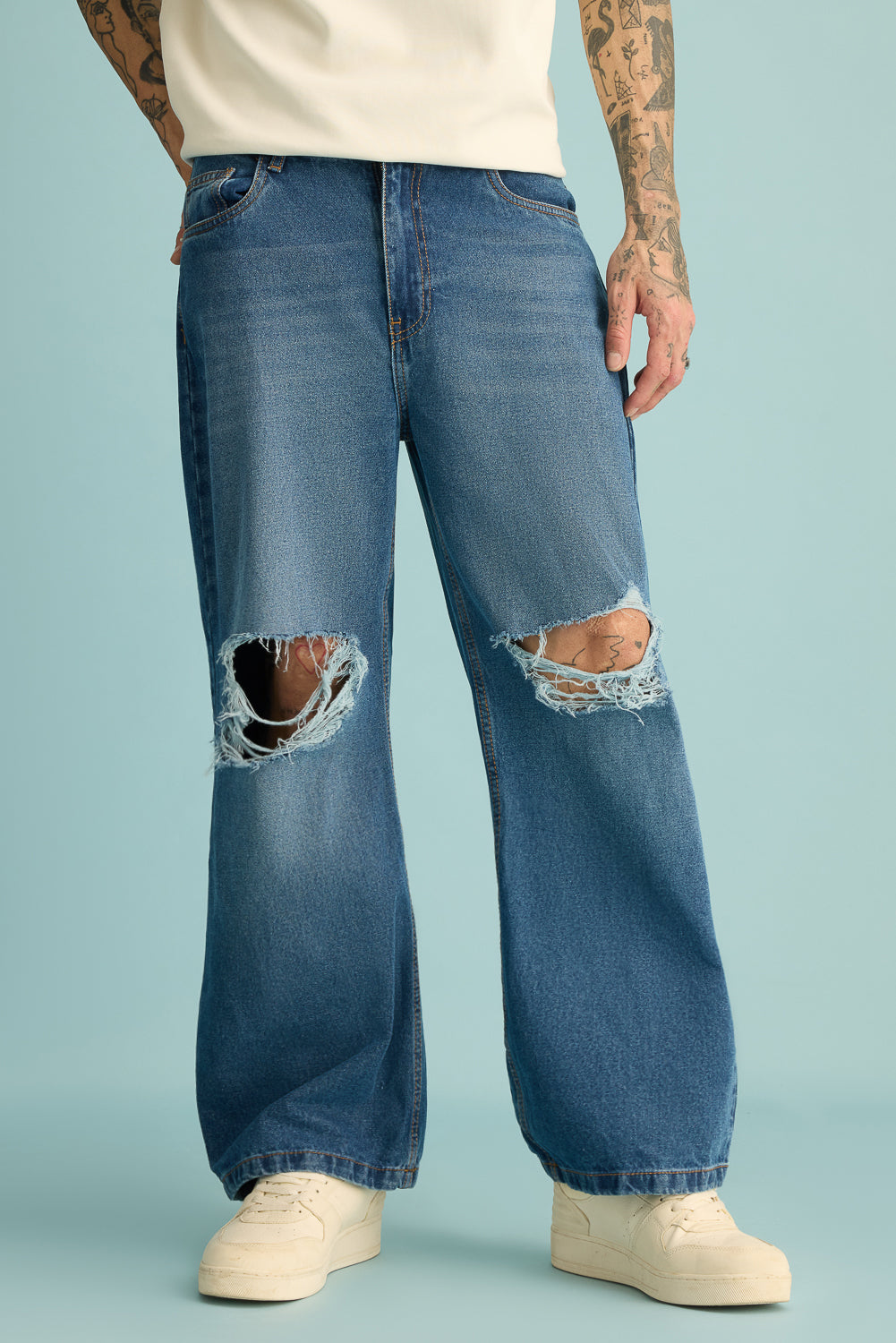 Mid Blue Distressed Men's Wide Jeans