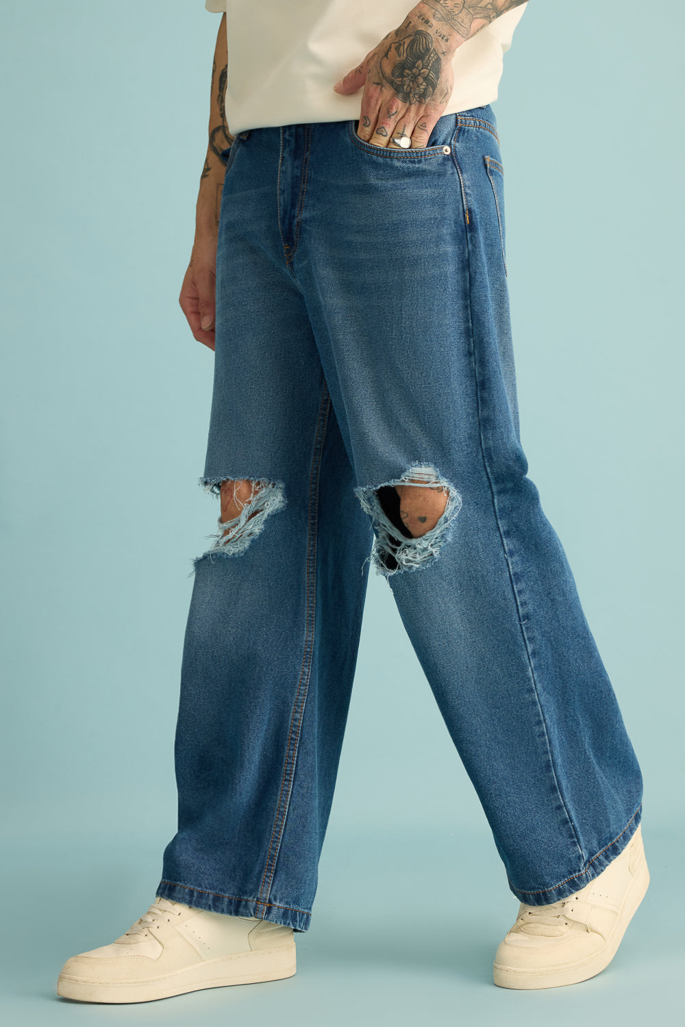 Mid Blue Distressed Men's Wide Jeans