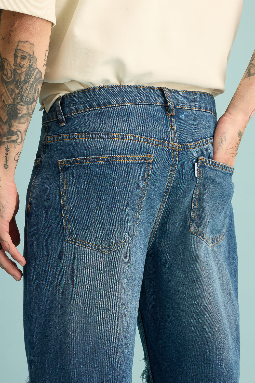 Mid Blue Distressed Men's Wide Jeans