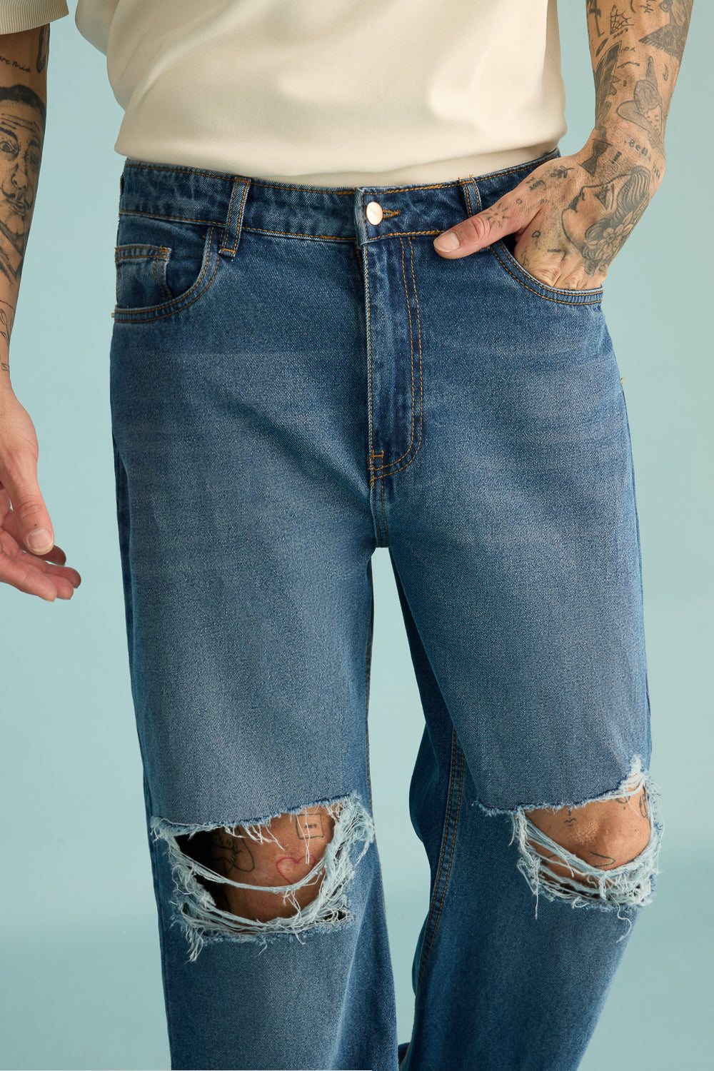 Mid Blue Distressed Men's Wide Jeans