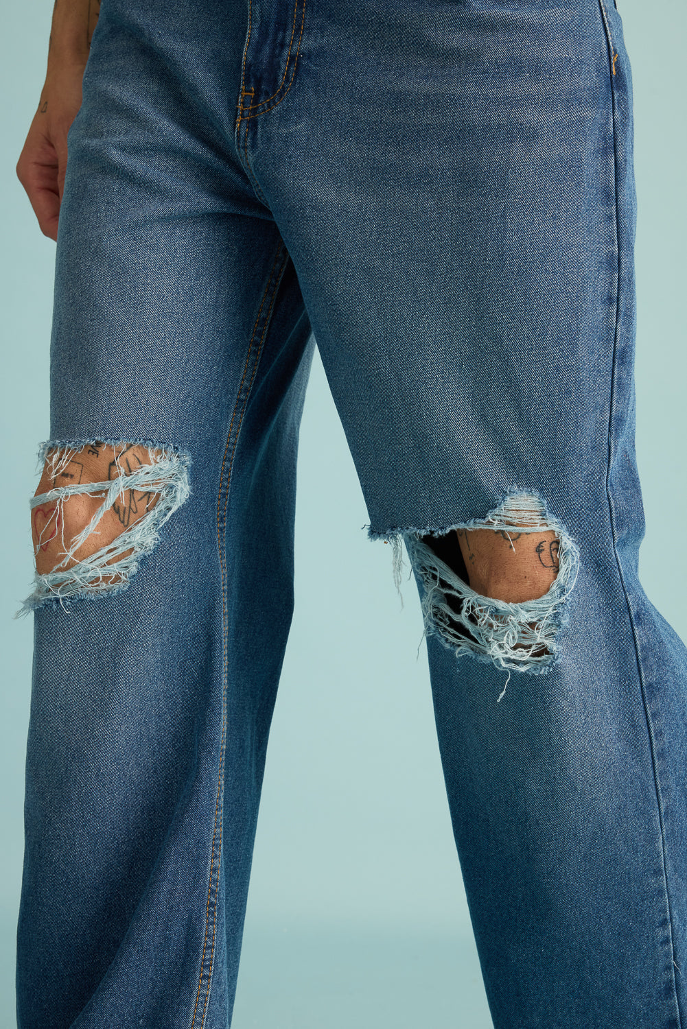 Mid Blue Distressed Men's Wide Jeans