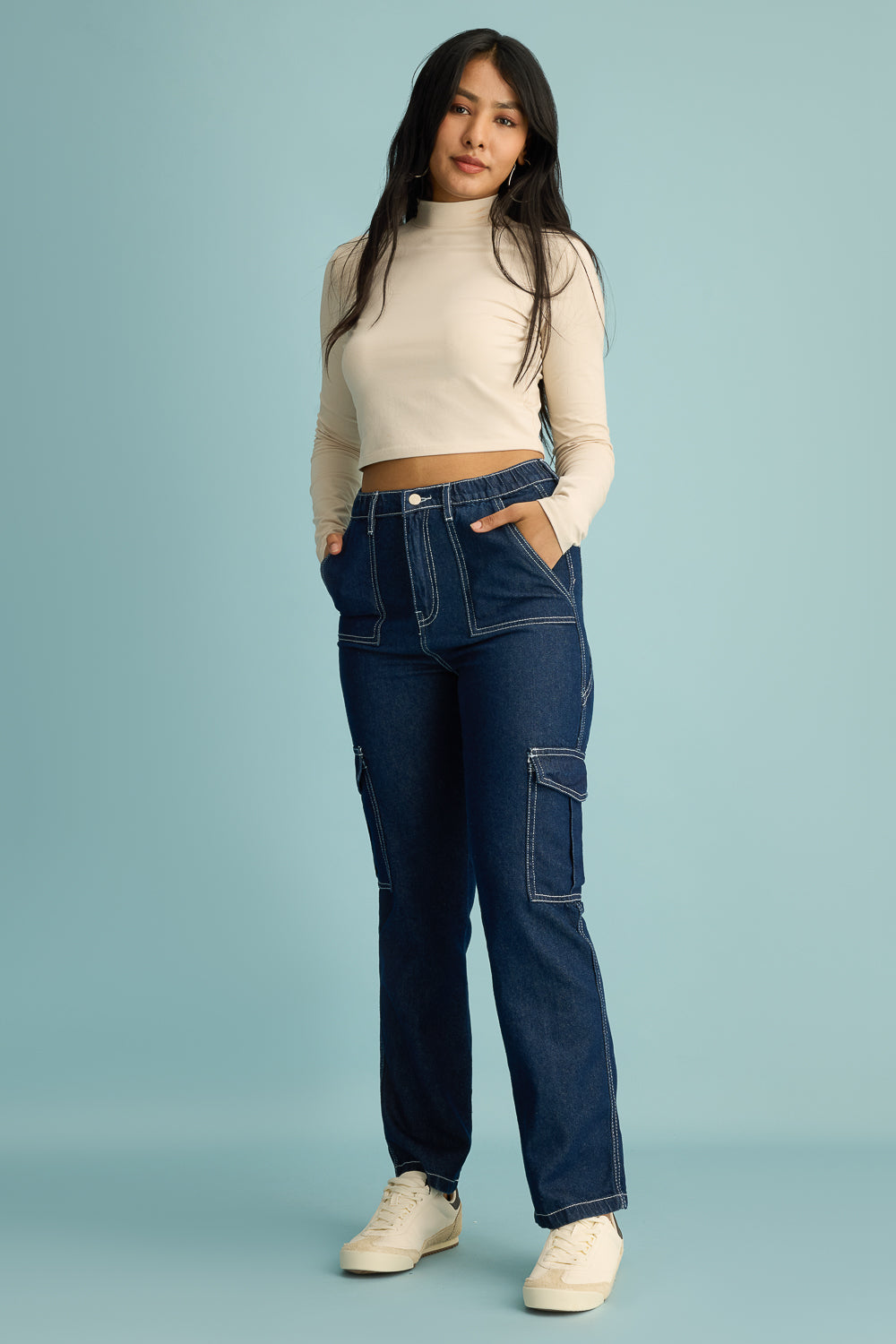 Blue Utility Contrast Stitch Women's Straight Cargo Jeans