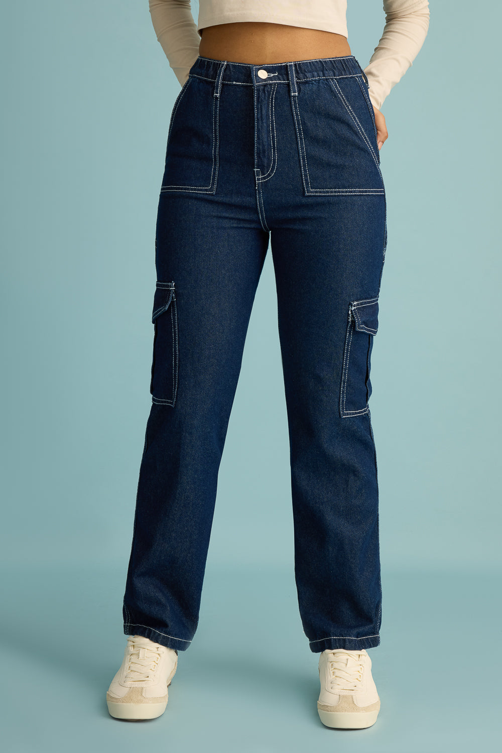Blue Utility Contrast Stitch Women's Straight Cargo Jeans