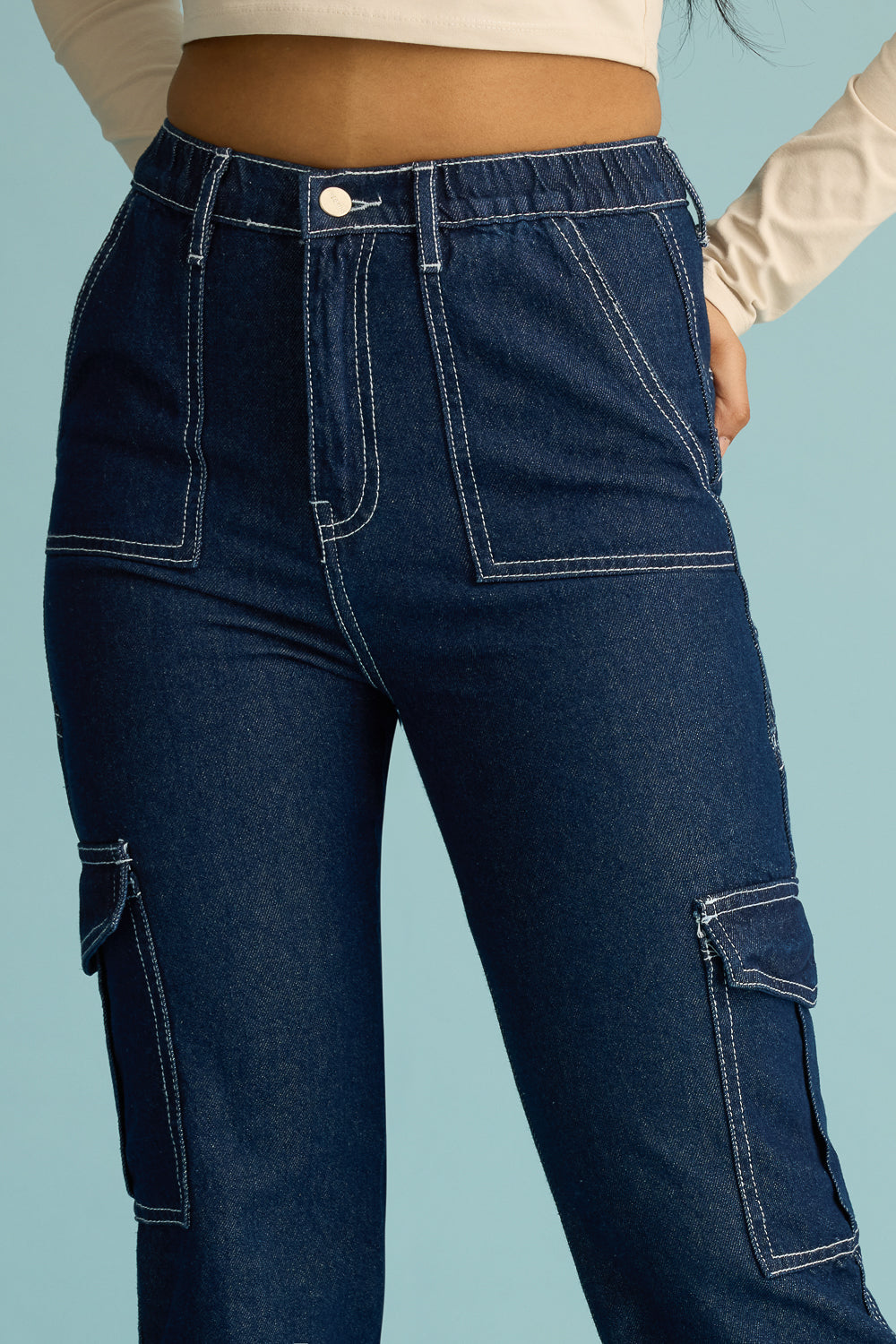 Blue Utility Contrast Stitch Women's Straight Cargo Jeans