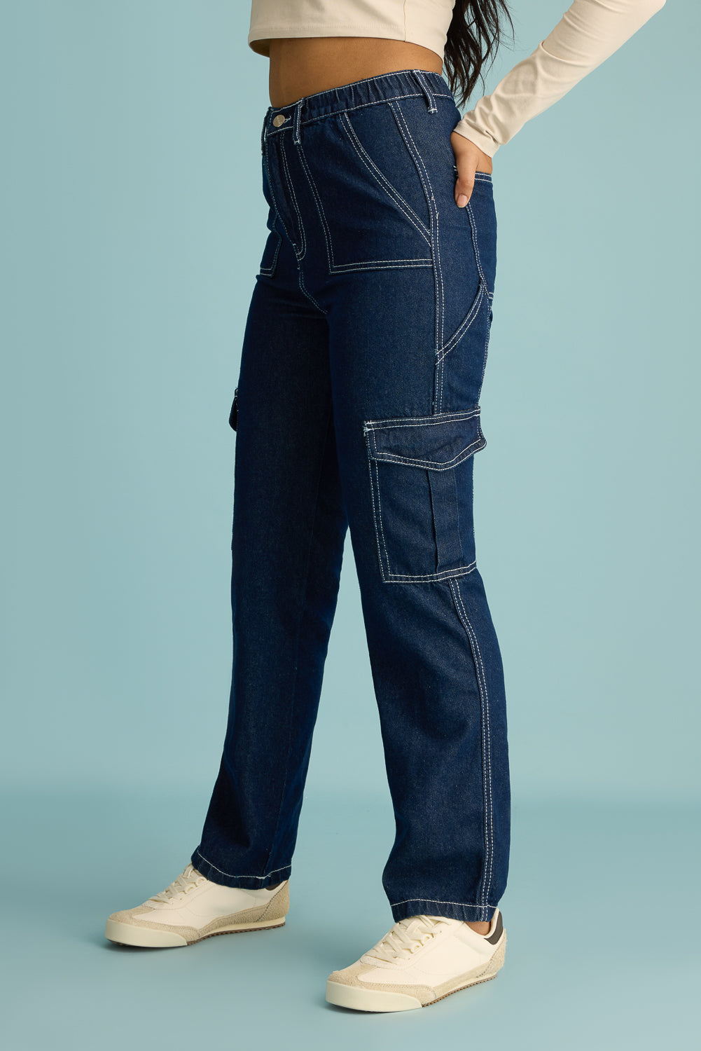 Blue Utility Contrast Stitch Women's Straight Cargo Jeans