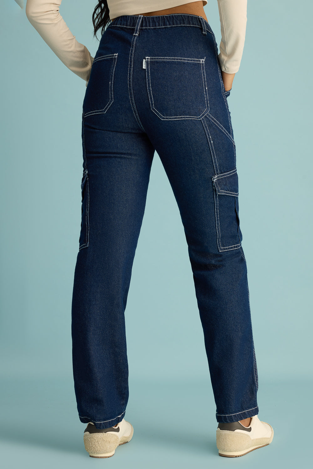 Blue Utility Contrast Stitch Women's Straight Cargo Jeans