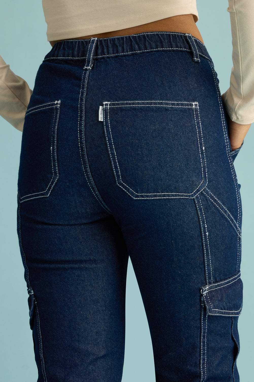 Blue Utility Contrast Stitch Women's Straight Cargo Jeans