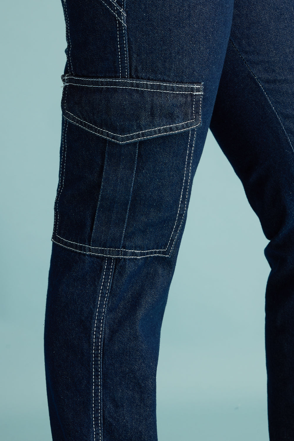 Blue Utility Contrast Stitch Women's Straight Cargo Jeans