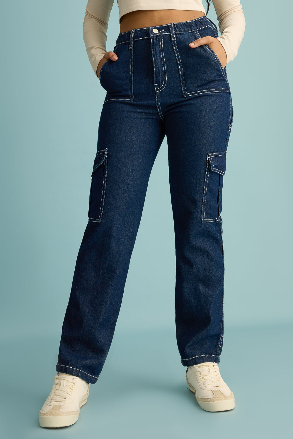 Blue Utility Contrast Stitch Women's Straight Cargo Jeans