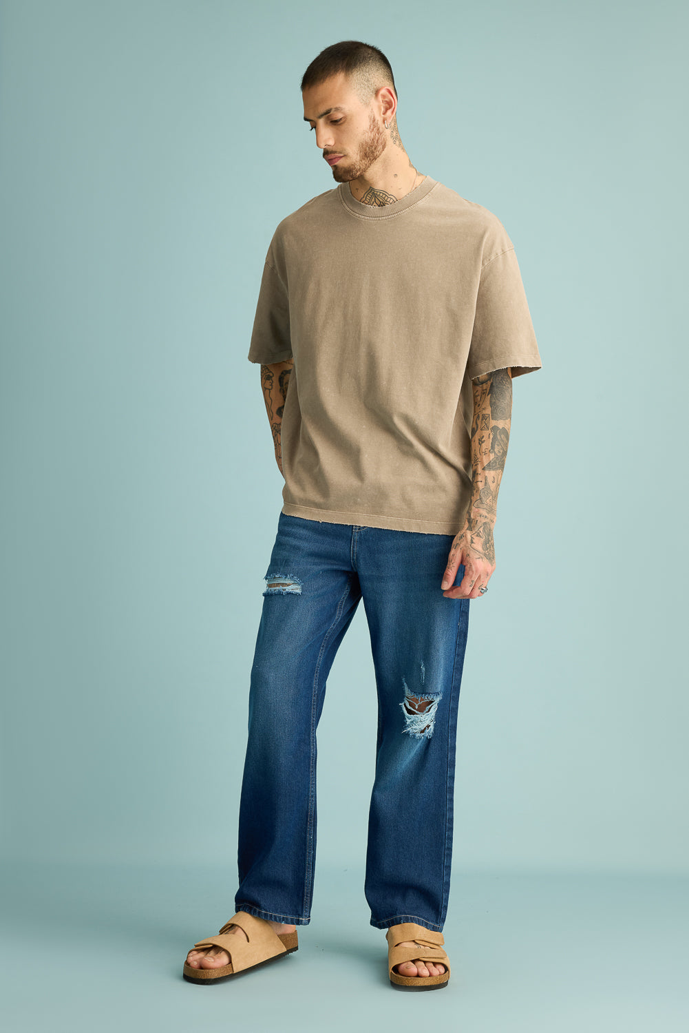 Cobalt Blue Distressed Men's Straight Jeans