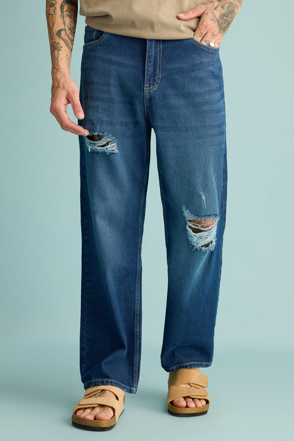 Cobalt Blue Distressed Men's Straight Jeans