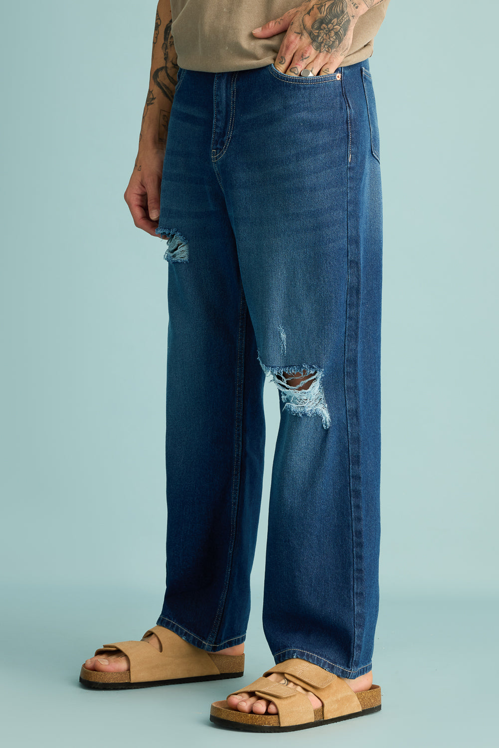 Cobalt Blue Distressed Men's Straight Jeans