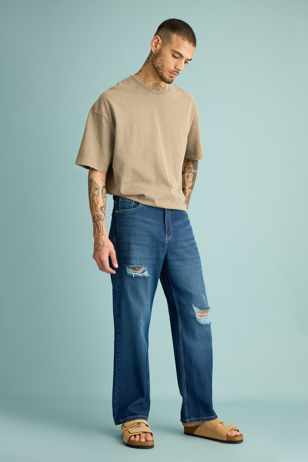 Cobalt Blue Distressed Men's Straight Jeans