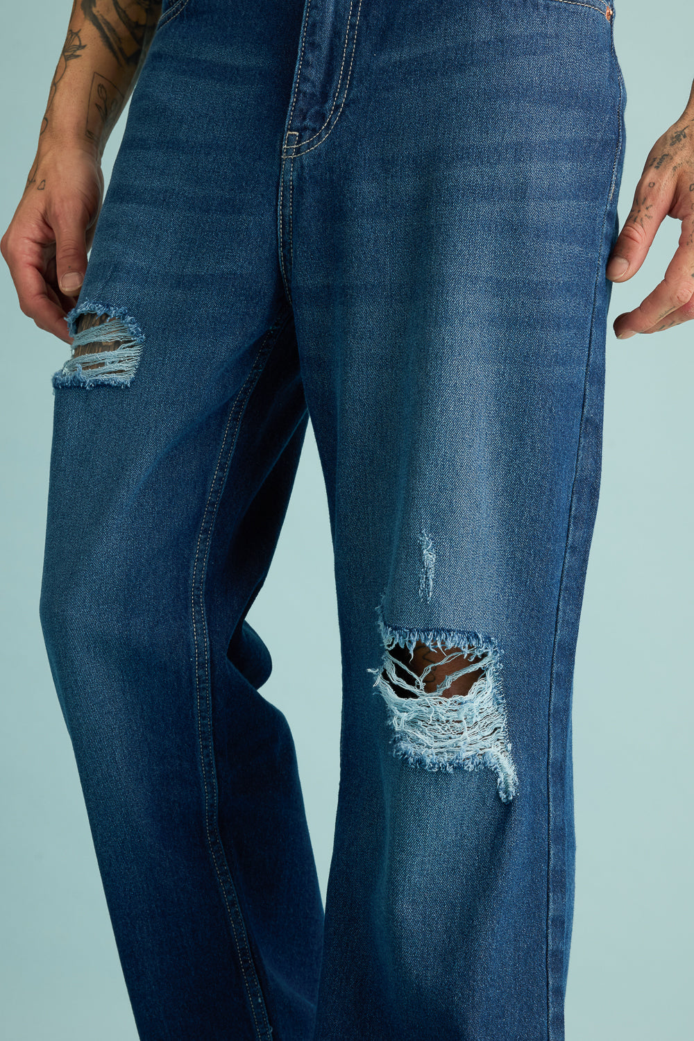 Cobalt Blue Distressed Men's Straight Jeans