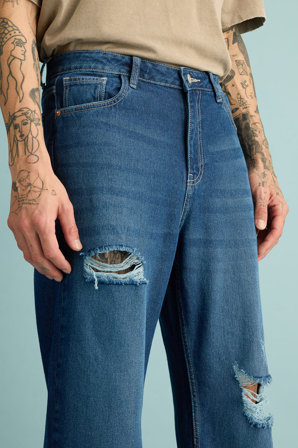 Cobalt Blue Distressed Men's Straight Jeans