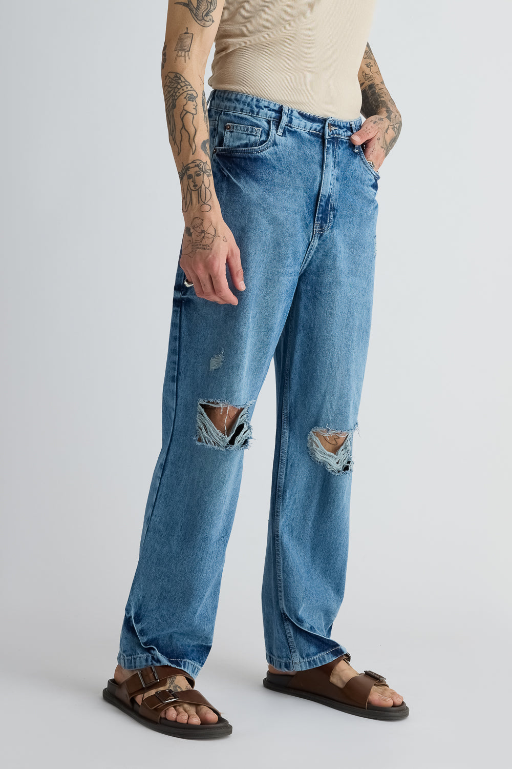 Mid Blue Ripped Men's Straight Jeans