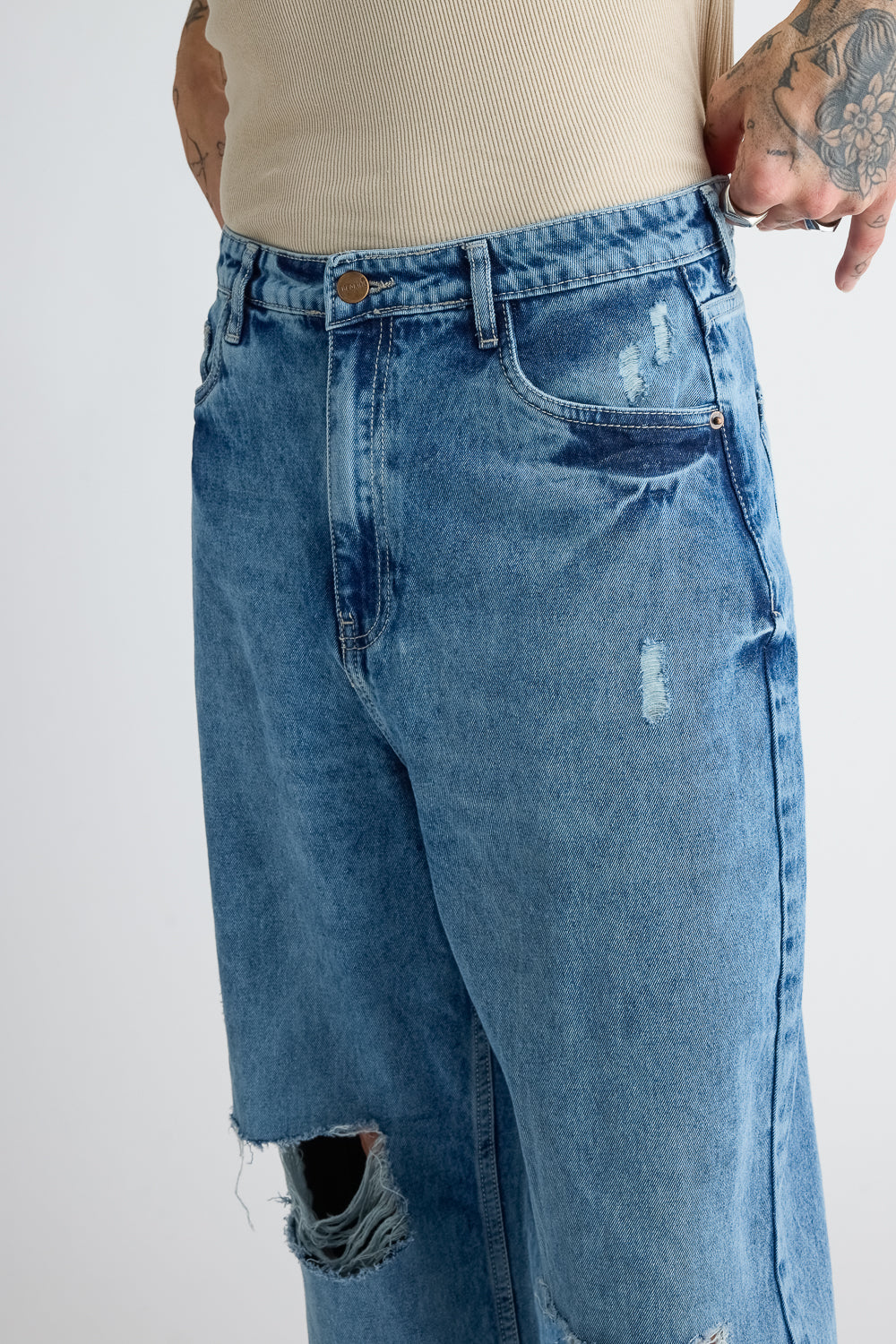 Mid Blue Ripped Men's Straight Jeans