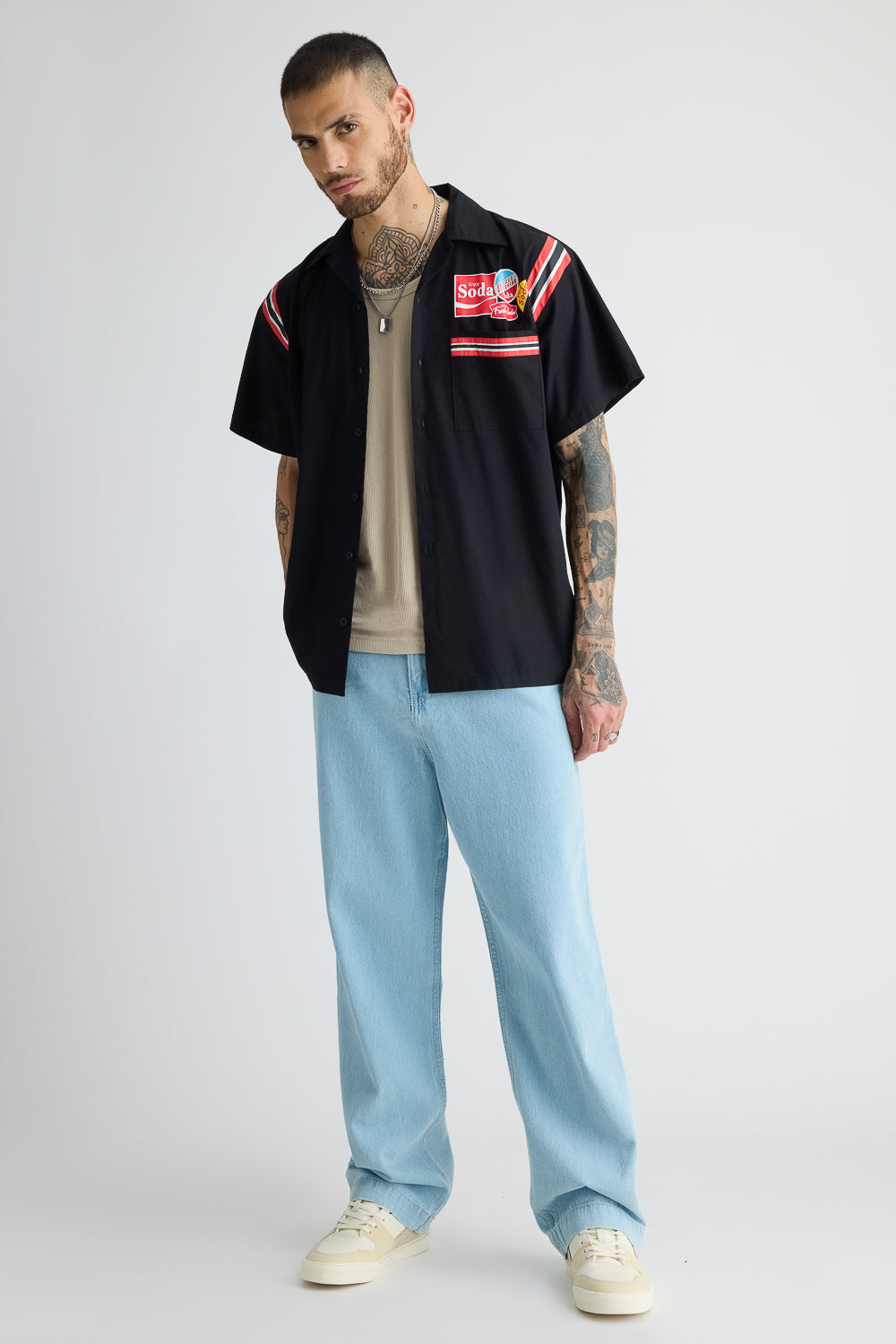 Cotton Poplin Men's Garage Shirt - Black With Sleeve Stripes