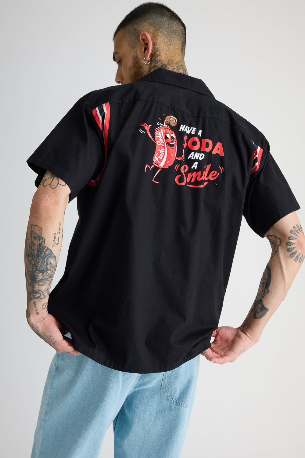 Cotton Poplin Men's Garage Shirt - Black With Sleeve Stripes