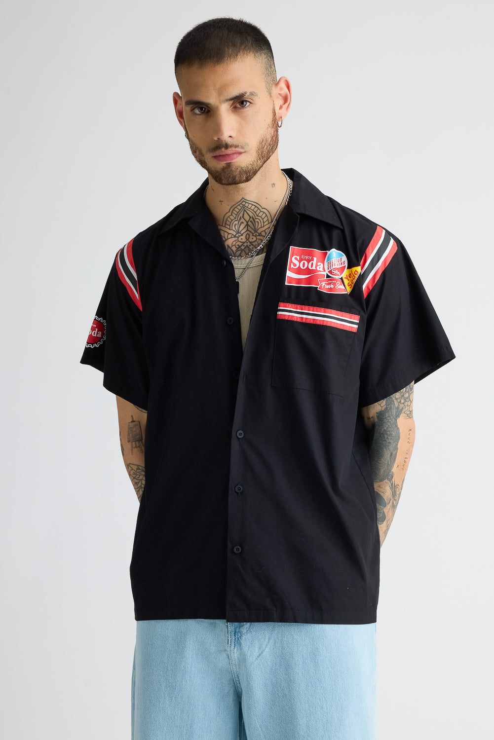 Cotton Poplin Men's Garage Shirt - Black With Sleeve Stripes