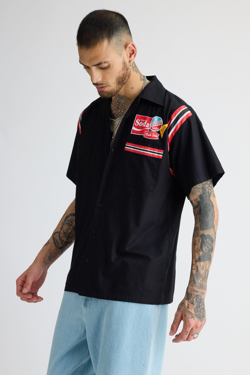 Cotton Poplin Men's Garage Shirt - Black With Sleeve Stripes