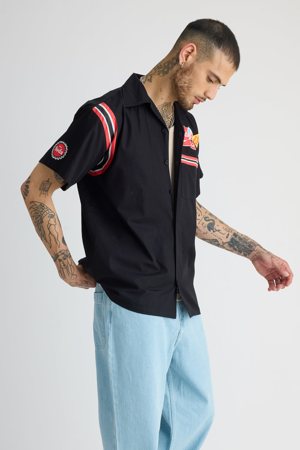 Cotton Poplin Men's Garage Shirt - Black With Sleeve Stripes