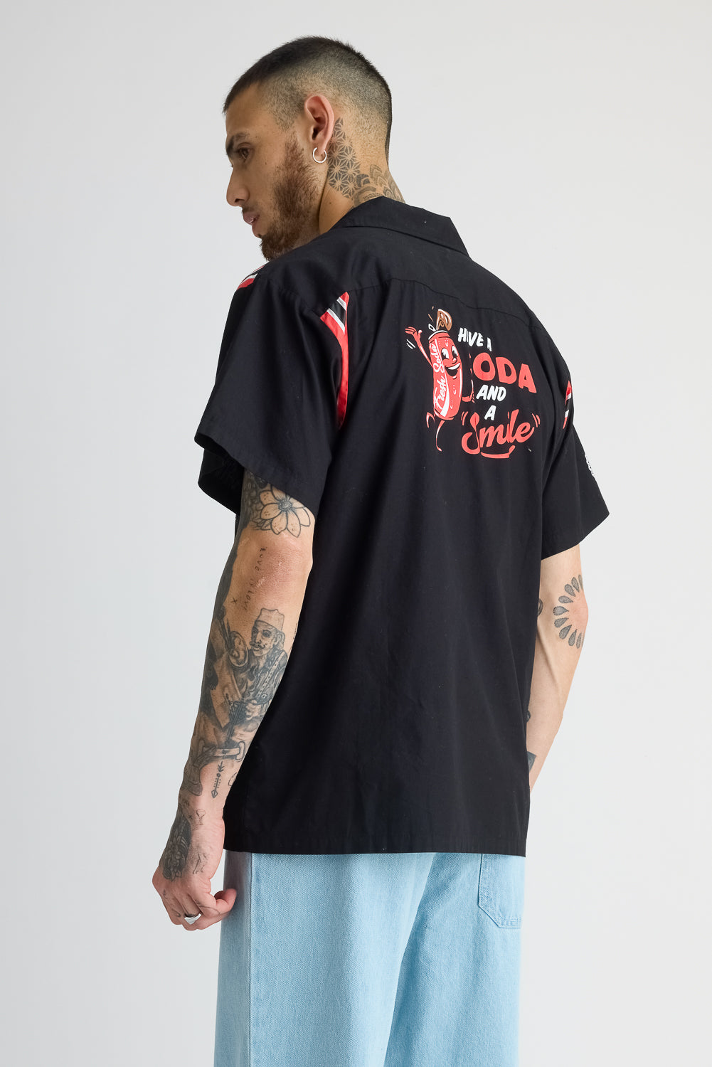 Cotton Poplin Men's Garage Shirt - Black With Sleeve Stripes