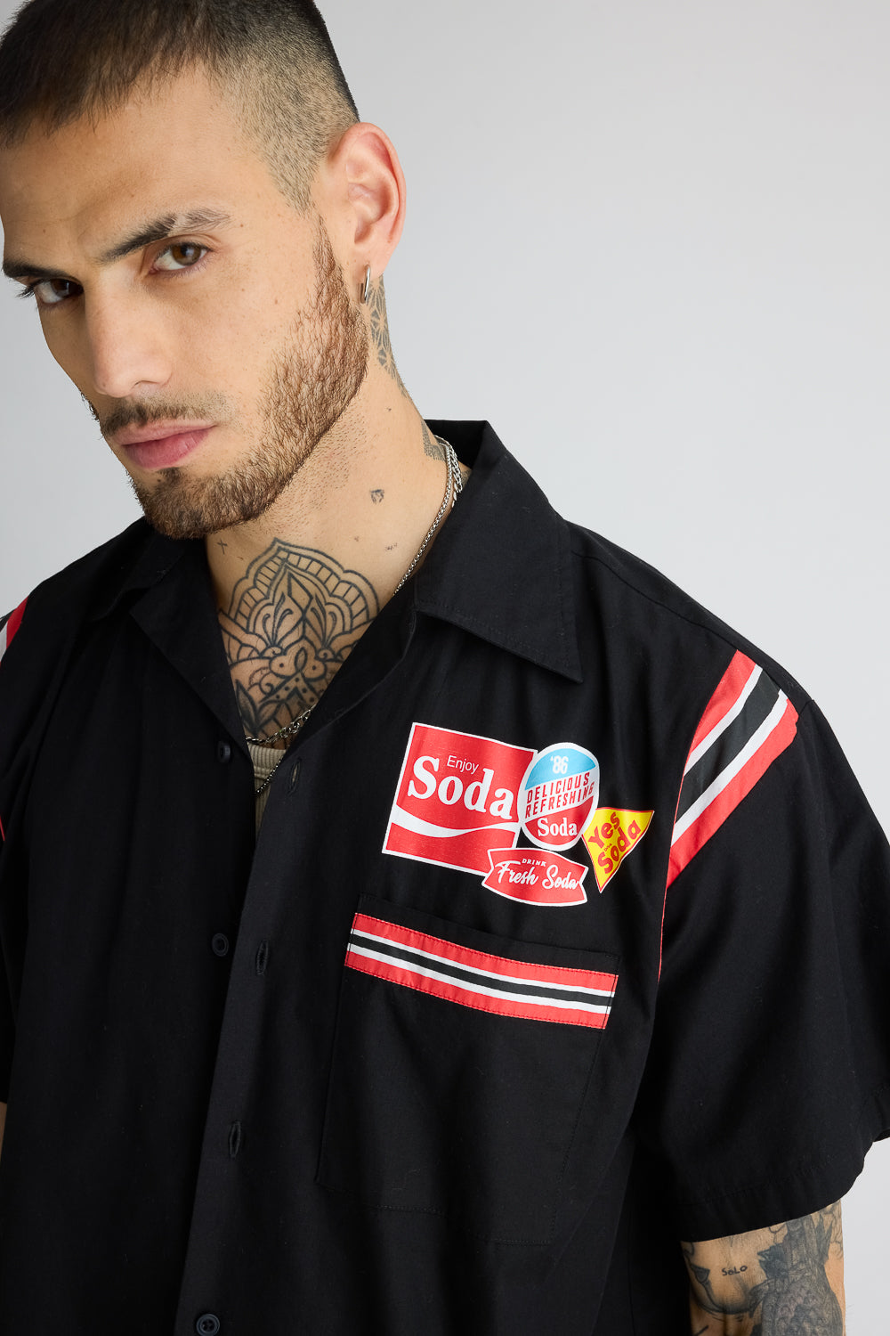 Cotton Poplin Men's Garage Shirt - Black With Sleeve Stripes