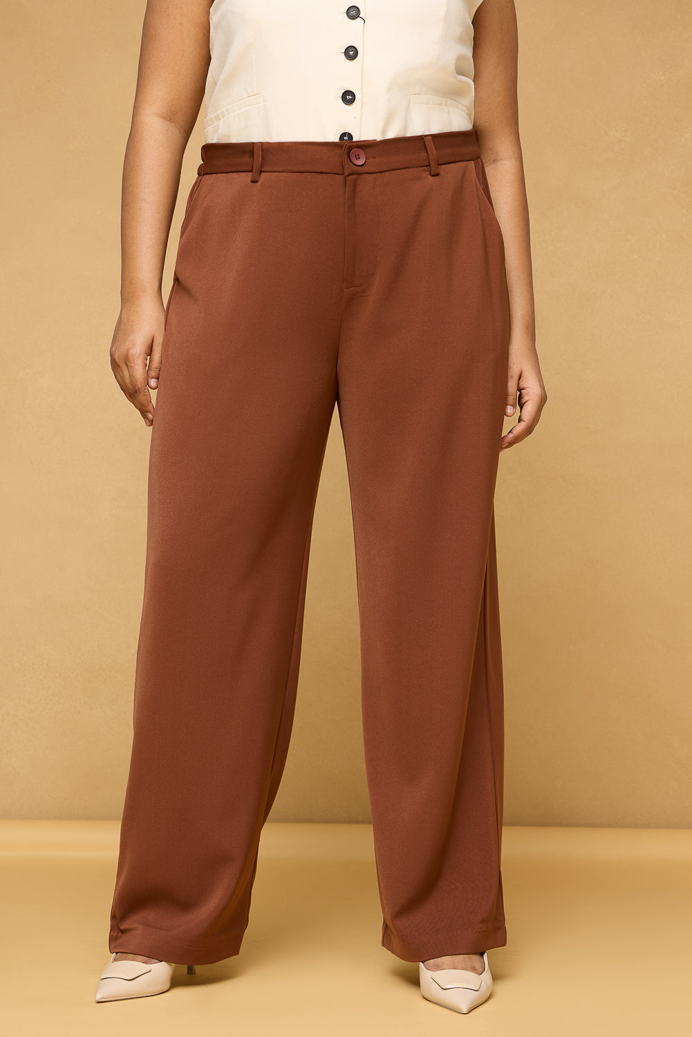 Curve Hazelwood Brown Double Pleated Straight Korean Pants