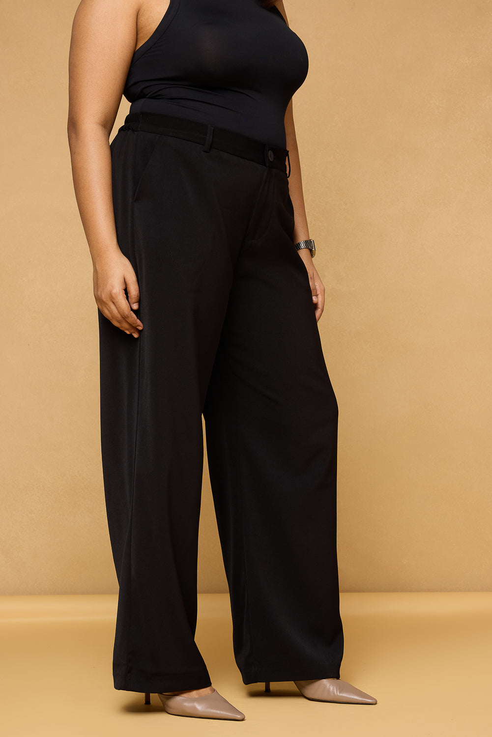 Curve Neat Black Elasticated Straight Korean Pants