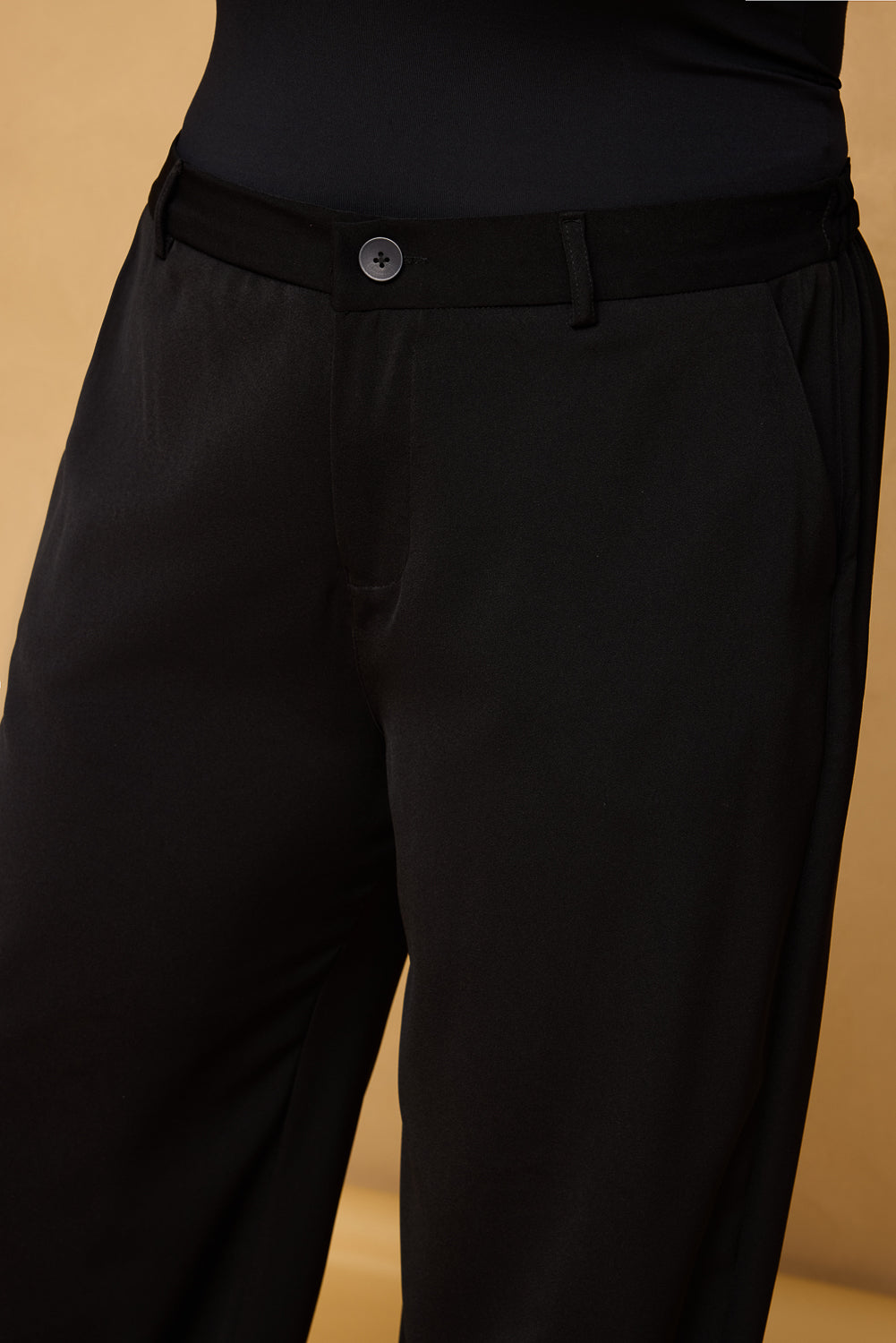 Curve Neat Black Elasticated Straight Korean Pants