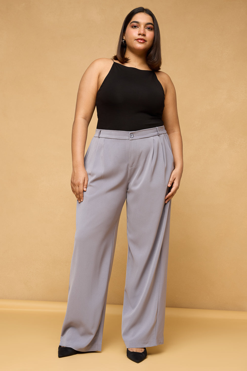 Curve Ash Grey Pleated Straight Korean Pants