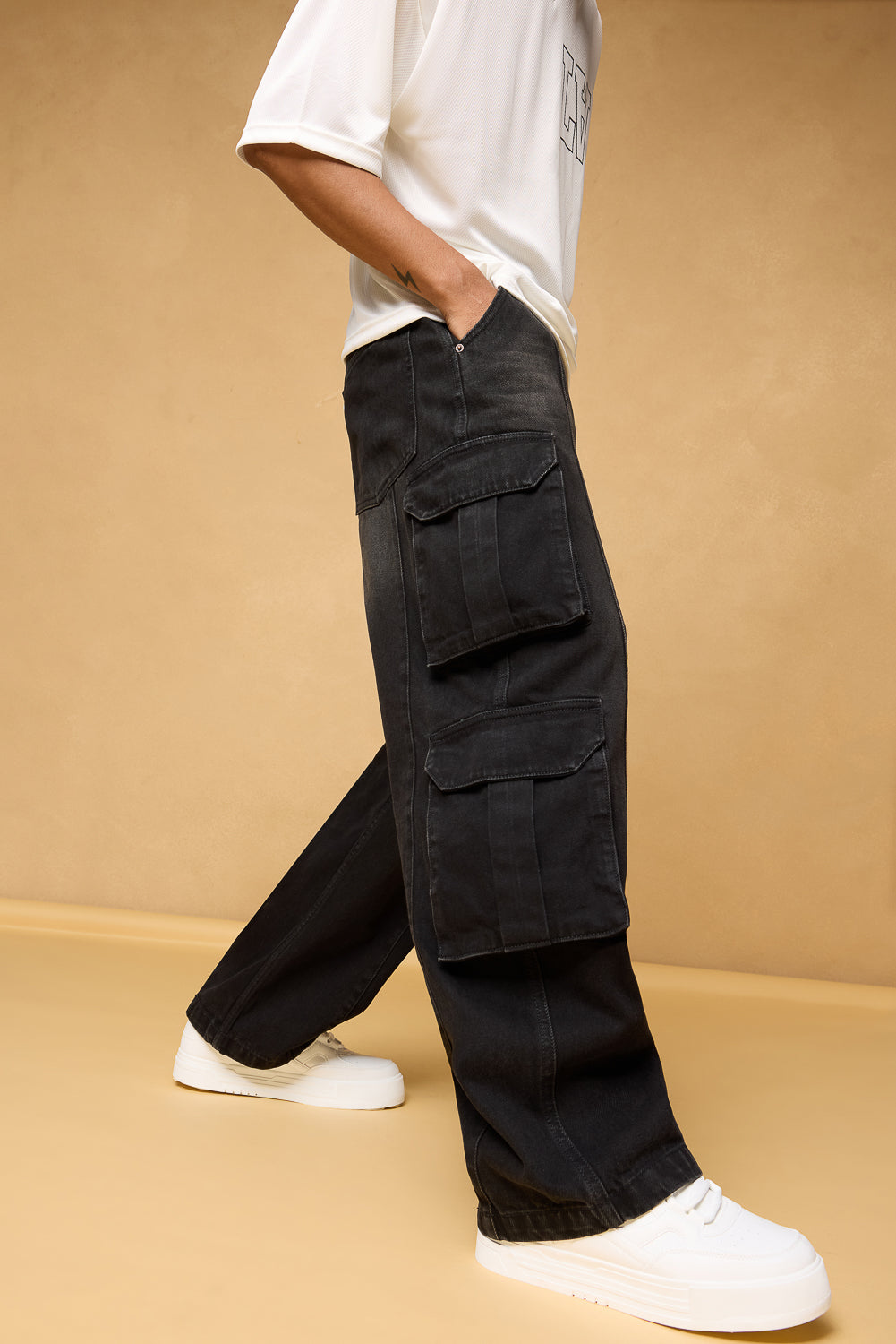 Straight Leg Black Mens Baggy Jeans FREAKINS Men's Black Wide