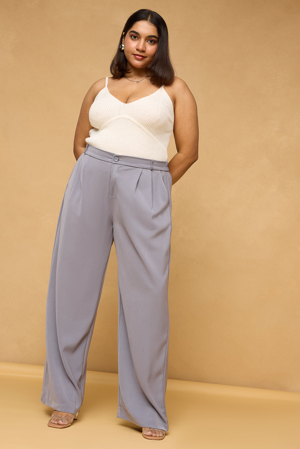 Curve Charcoal Grey Pleated Straight Korean Pants