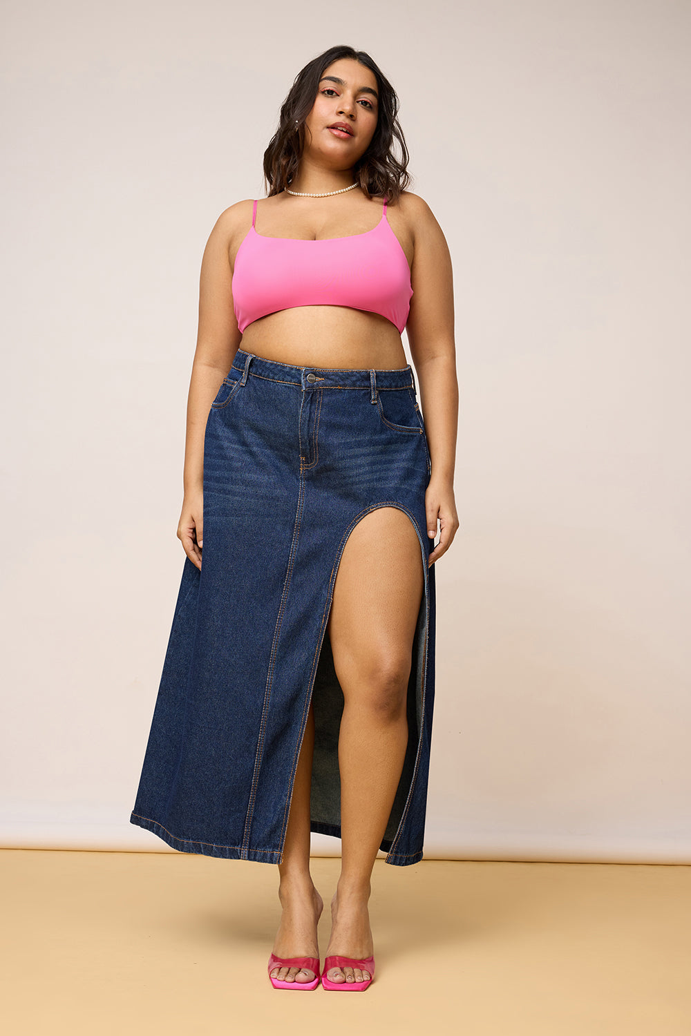 Curve Blue High Curved Slit Cut Midi Skirt