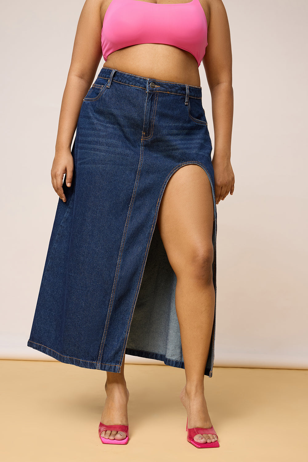 Curve Blue High Curved Slit Cut Midi Skirt