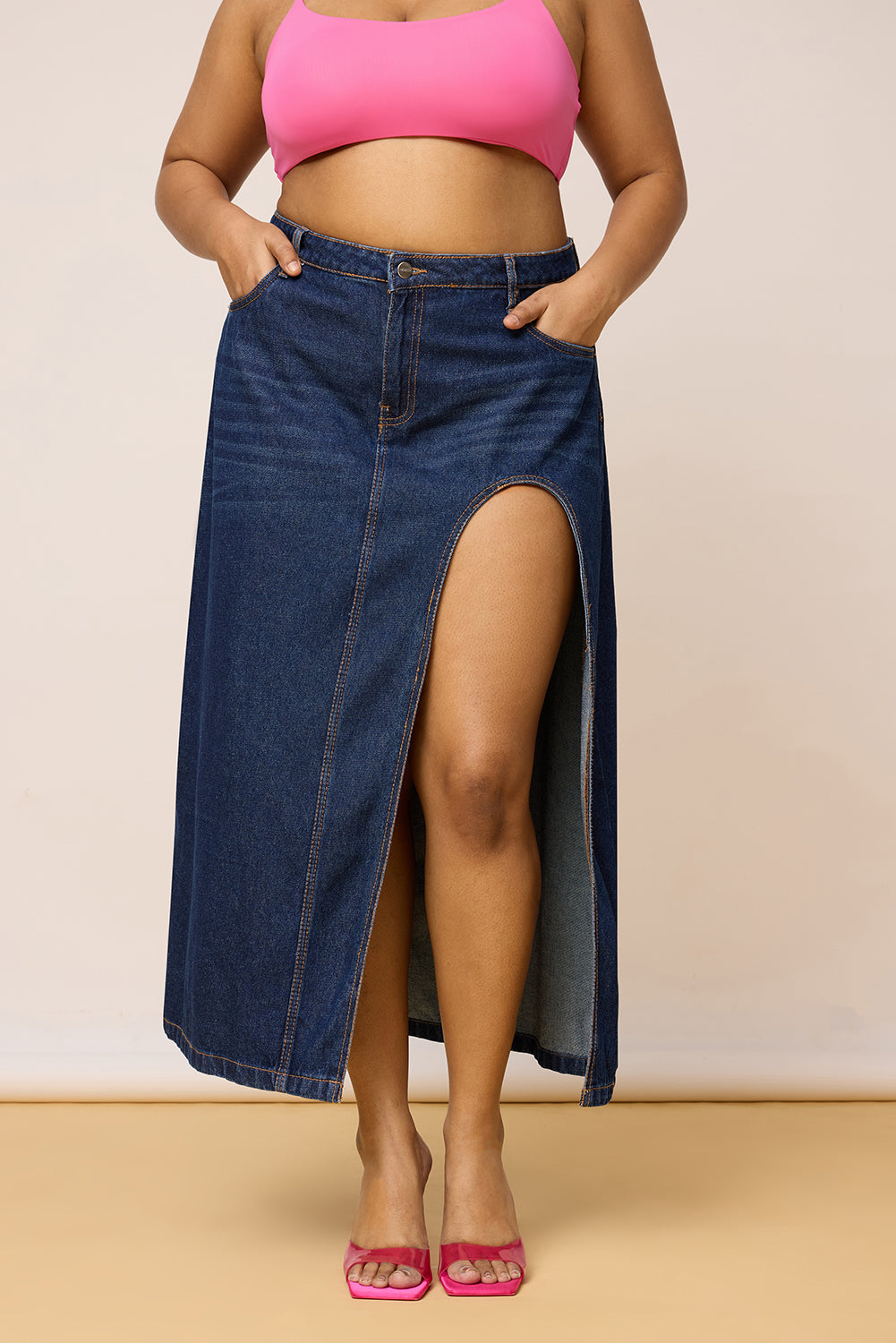 Curve Blue High Curved Slit Cut Midi Skirt
