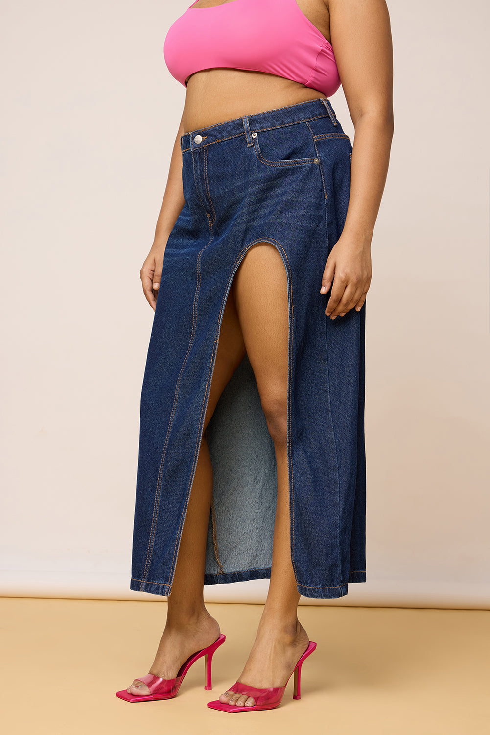 Curve Blue High Curved Slit Cut Midi Skirt