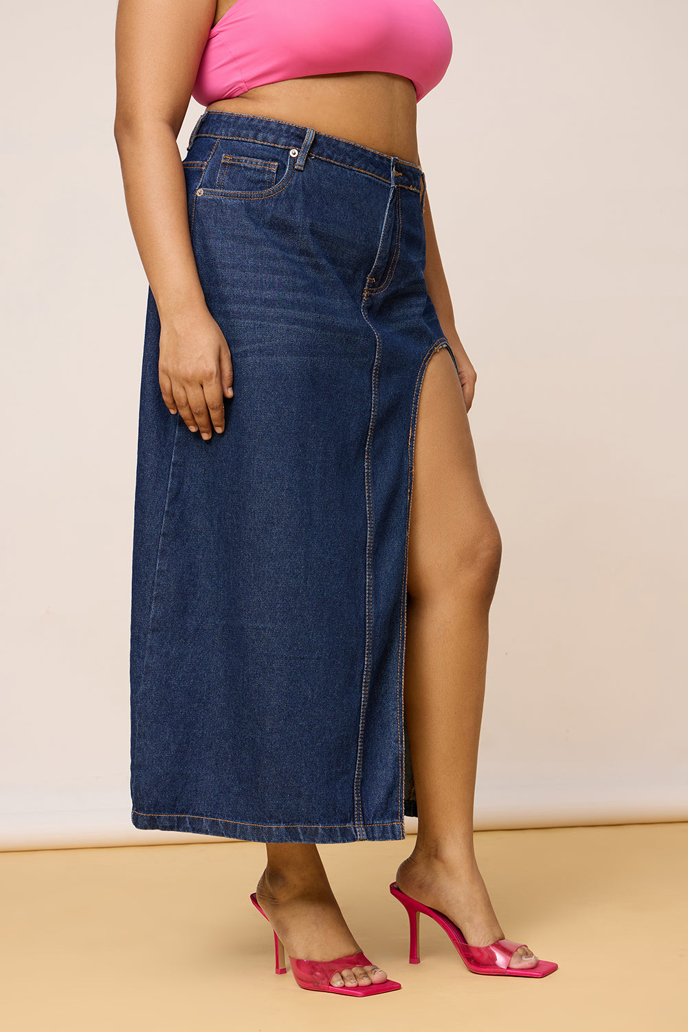 Curve Blue High Curved Slit Cut Midi Skirt