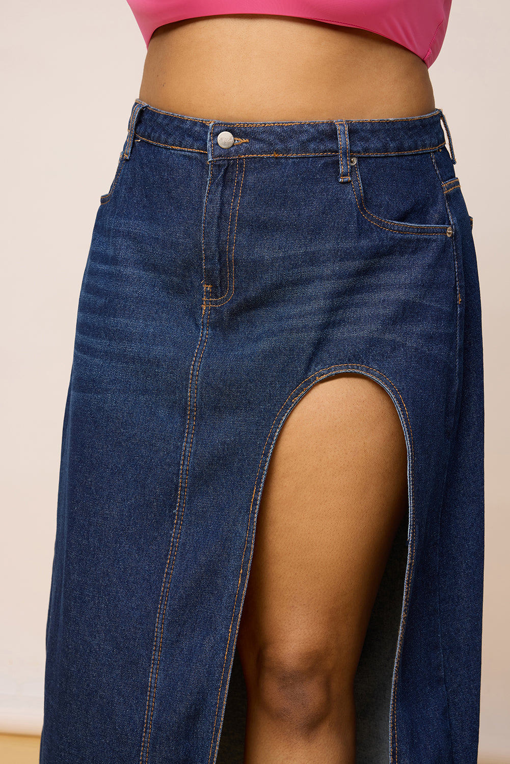 Curve Blue High Curved Slit Cut Midi Skirt