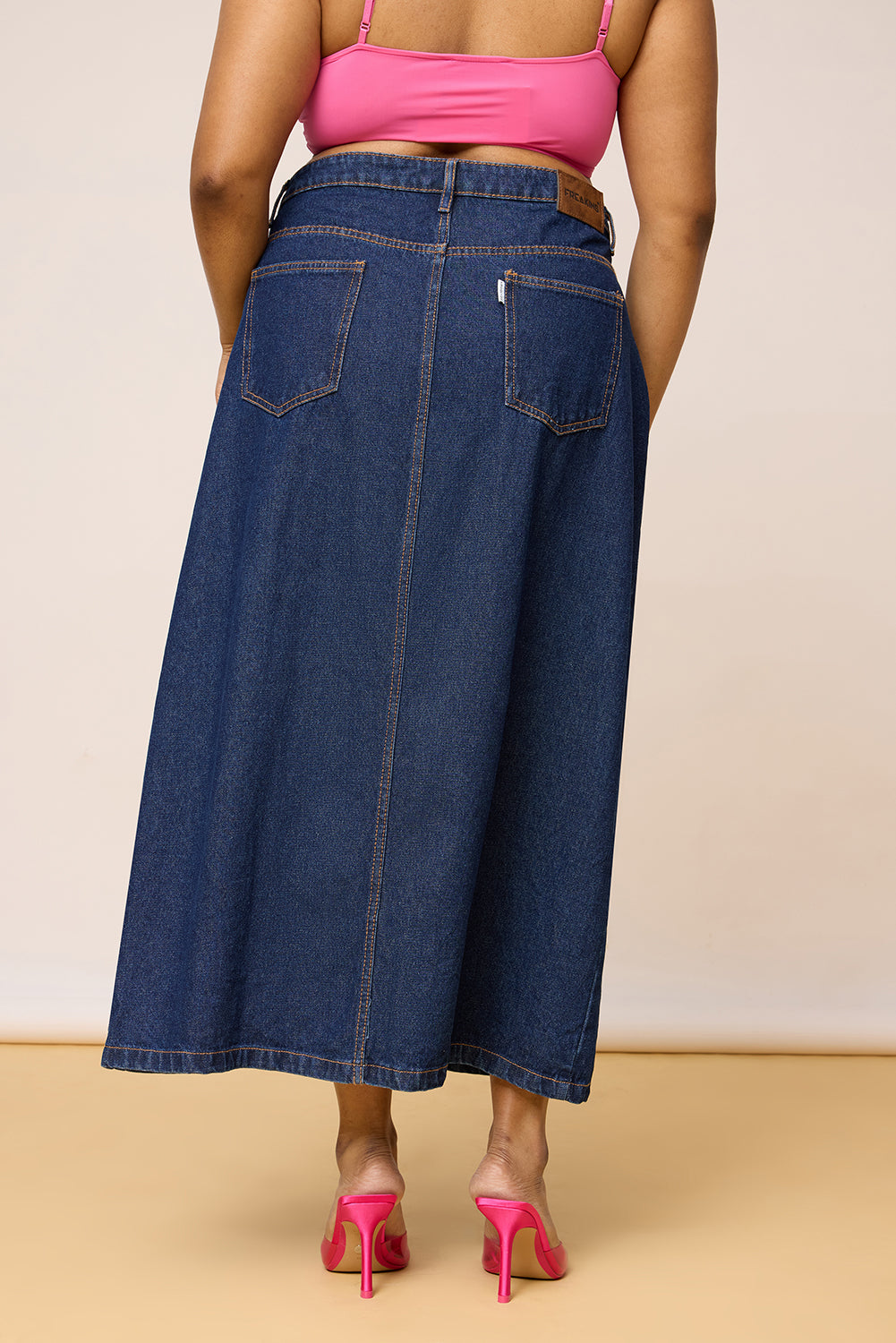 Curve Blue High Curved Slit Cut Midi Skirt