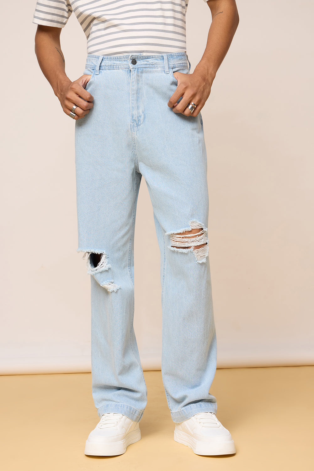Light Blue Knee Rips Men’s Straight Jeans
