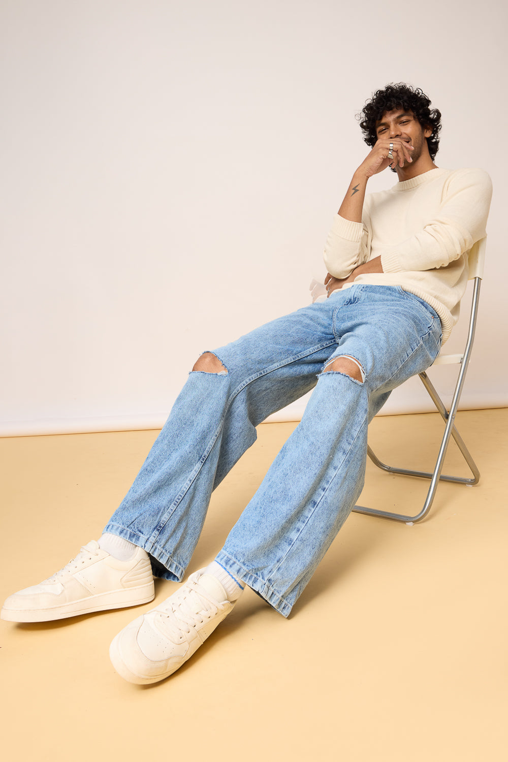 Classic Blue Distressed Men's Wide Leg Jeans