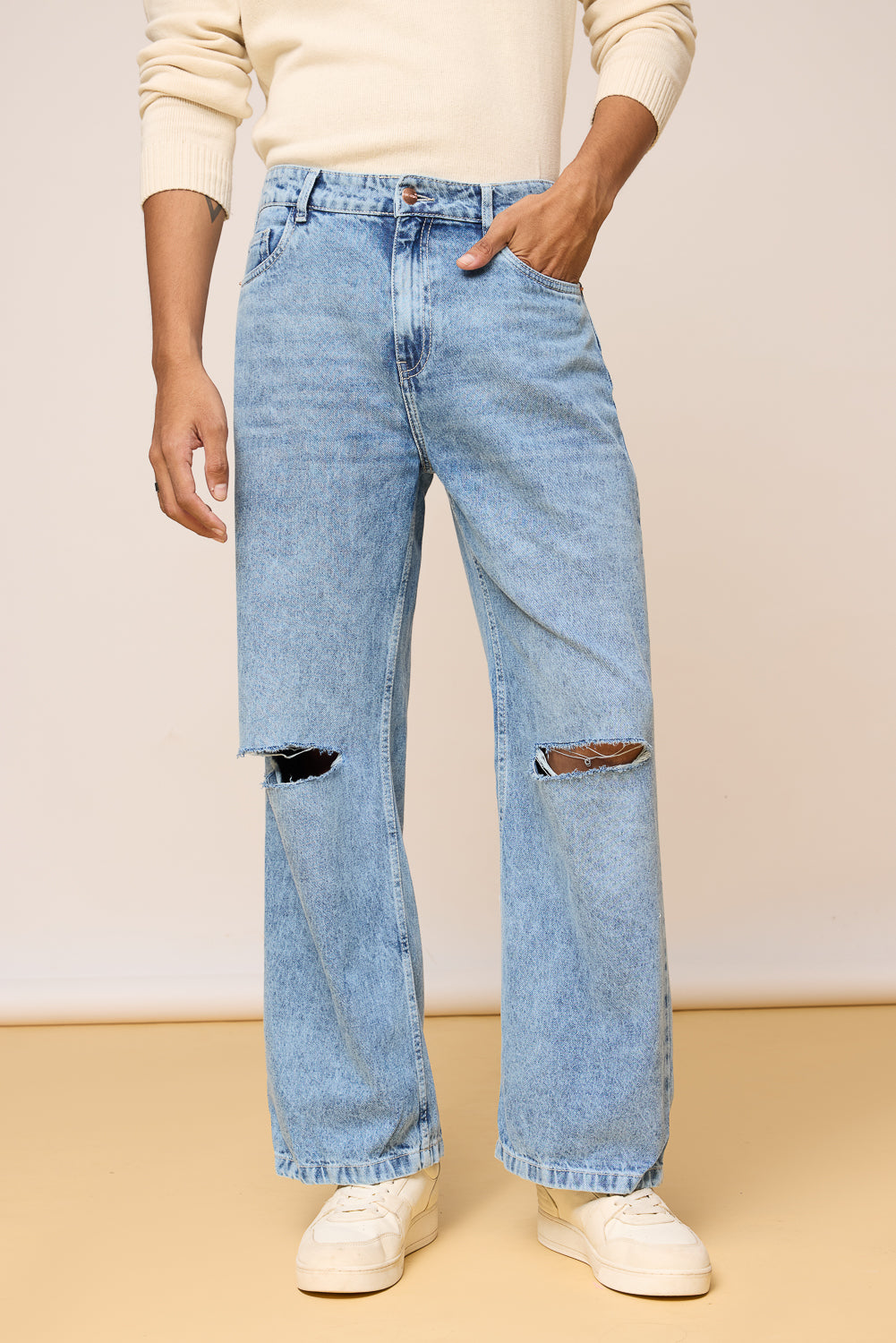 Classic Blue Distressed Men's Wide Leg Jeans